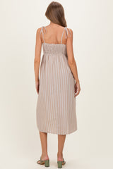 Mocha Striped Smocked Shoulder Tie Maternity Midi Dress