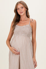 Mocha Striped Smocked Shoulder Tie Maternity Midi Dress