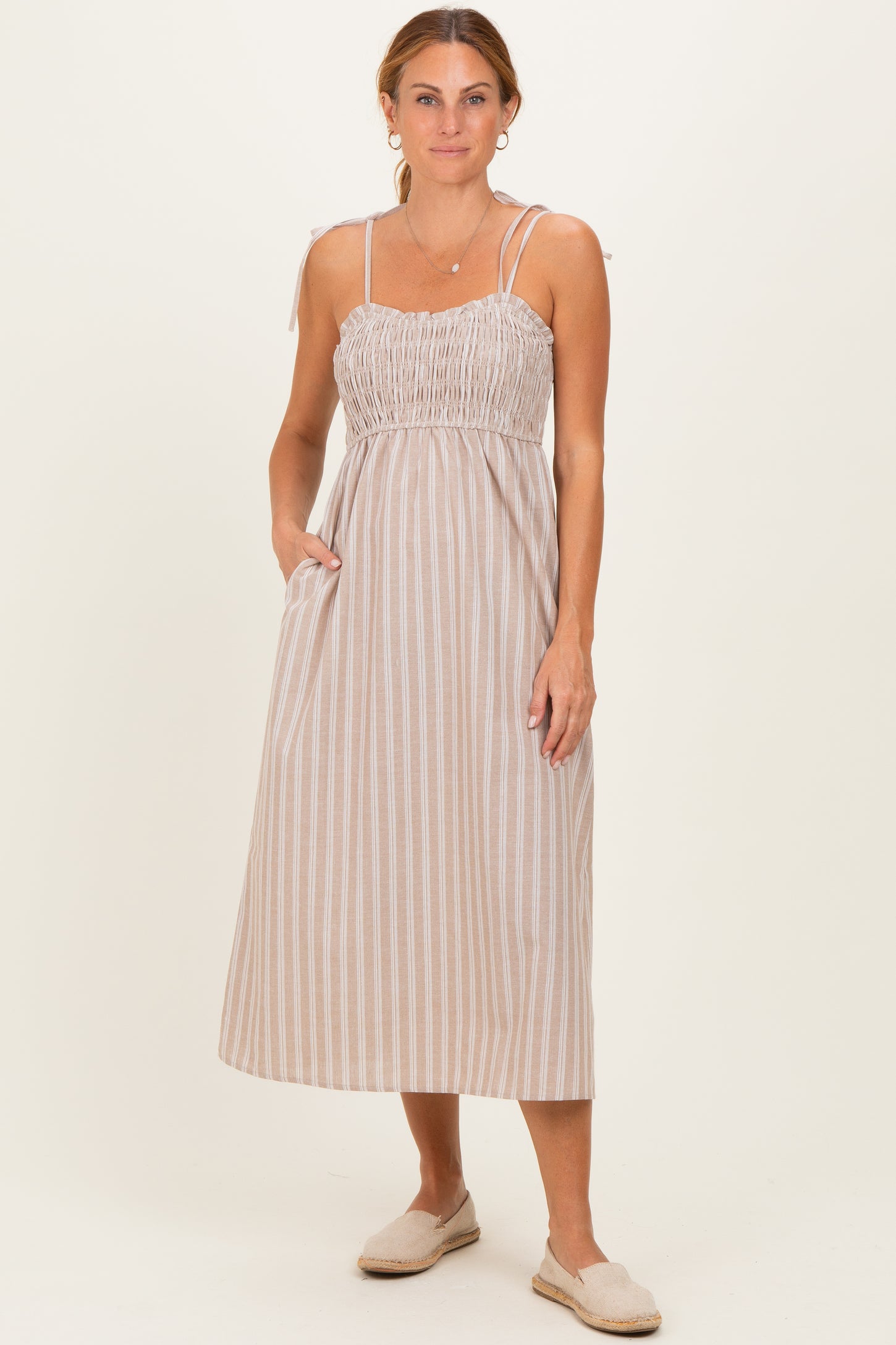 Mocha Striped Smocked Shoulder Tie Maternity Midi Dress