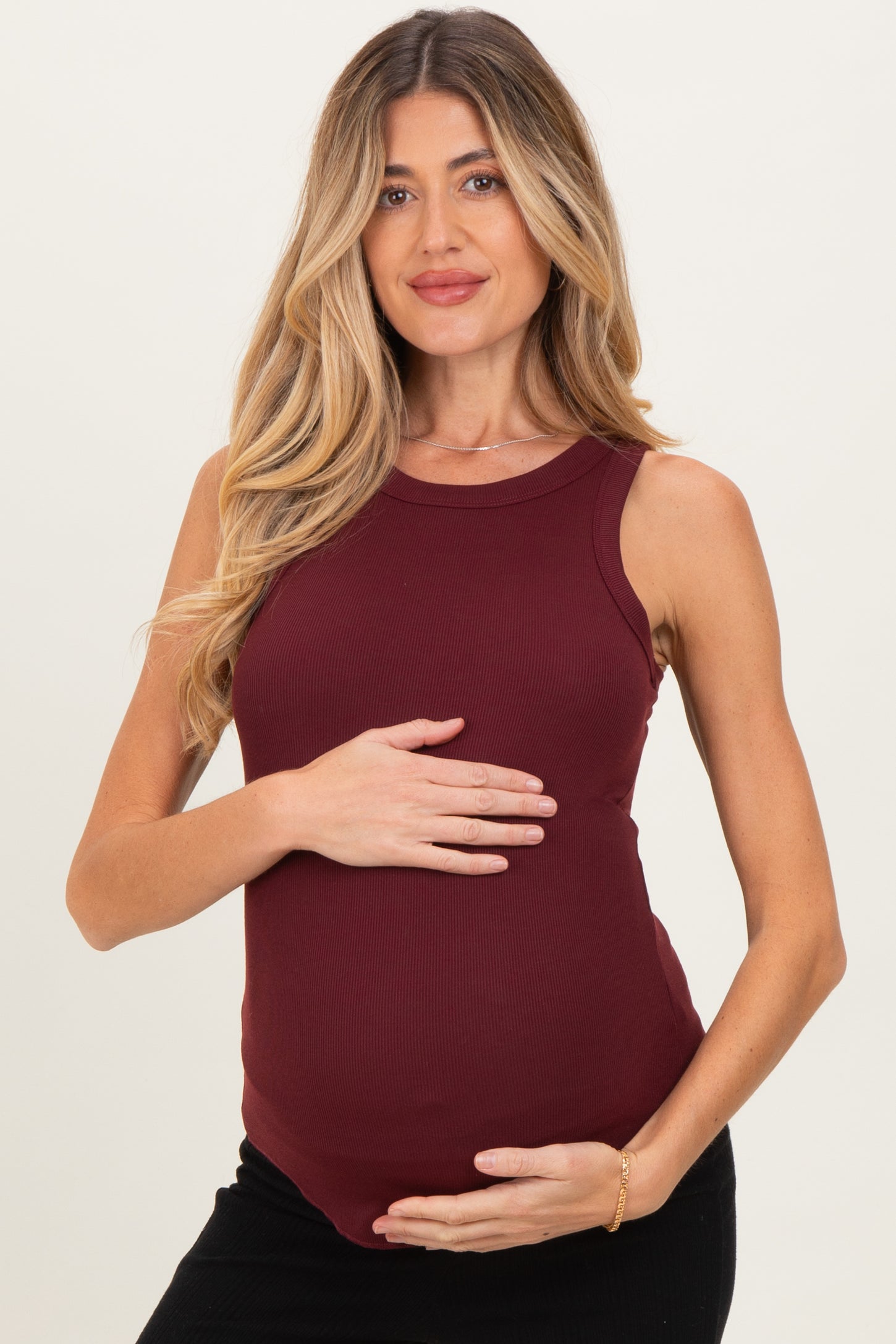 Burgundy Ribbed Basic Crew Neck Maternity Tank