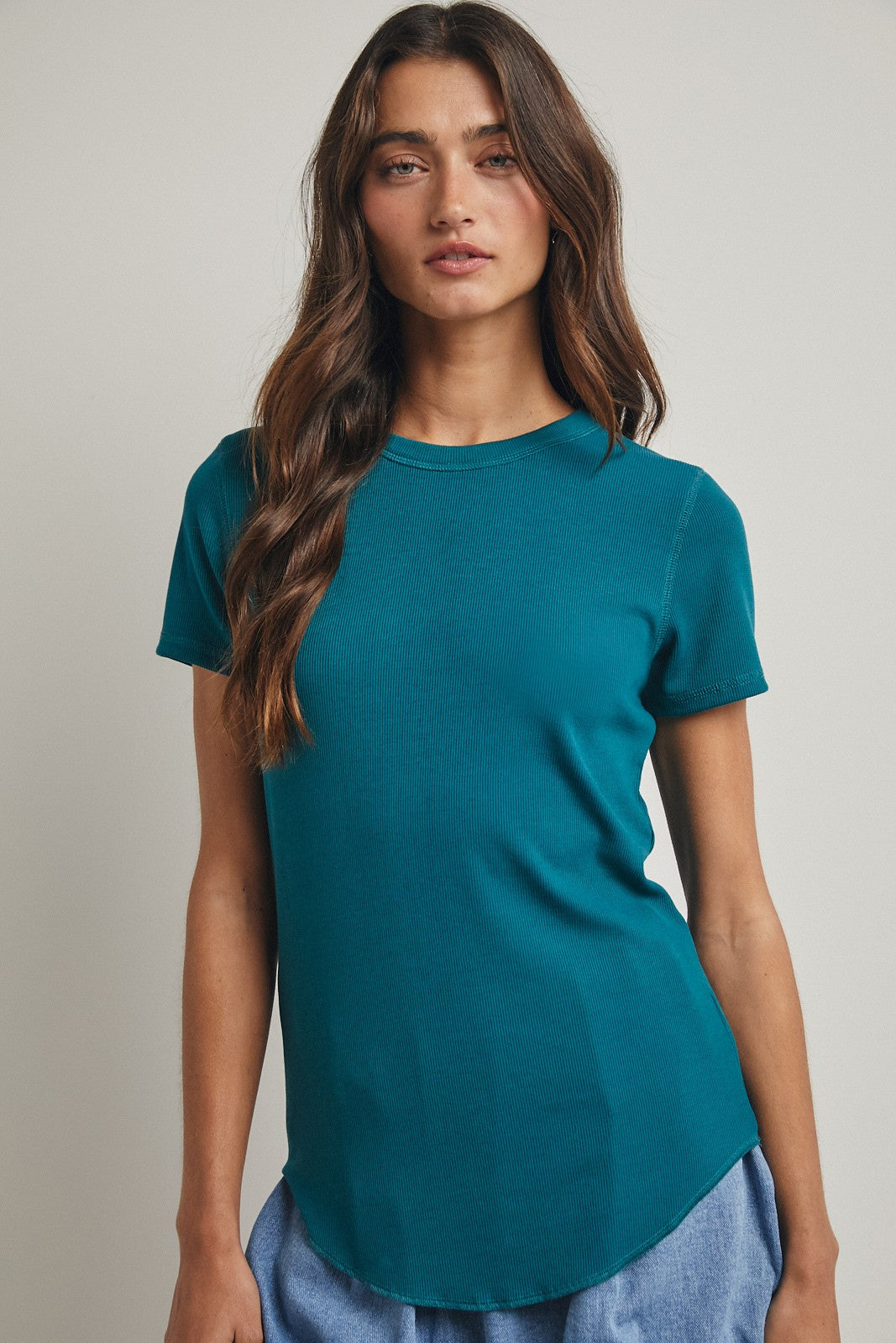 Teal Ribbed Short Sleeve Curved Hem Maternity Top