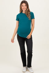 Teal Ribbed Short Sleeve Curved Hem Maternity Top