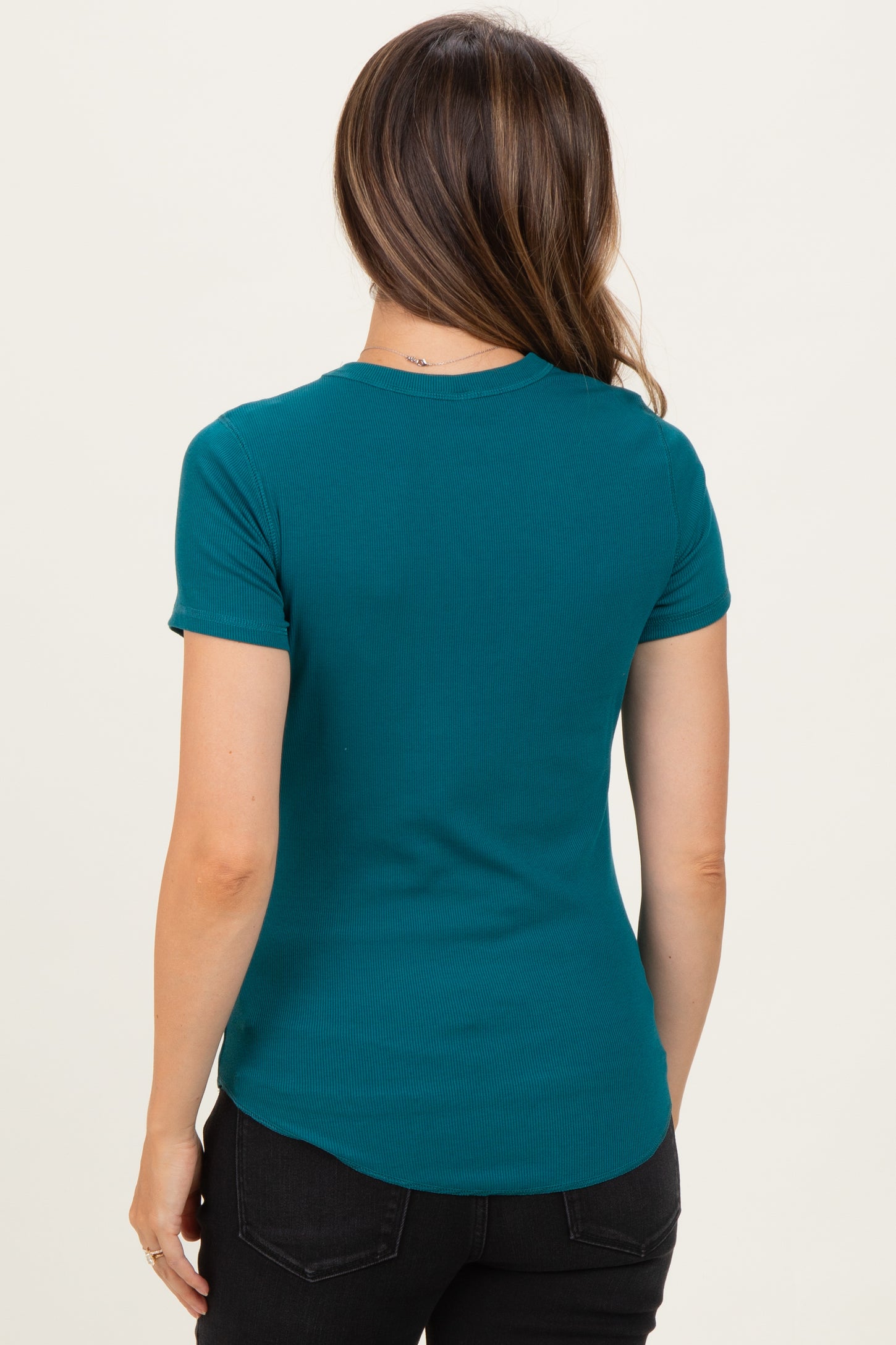 Teal Ribbed Short Sleeve Curved Hem Maternity Top