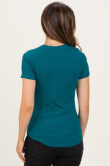 Teal Ribbed Short Sleeve Curved Hem Maternity Top