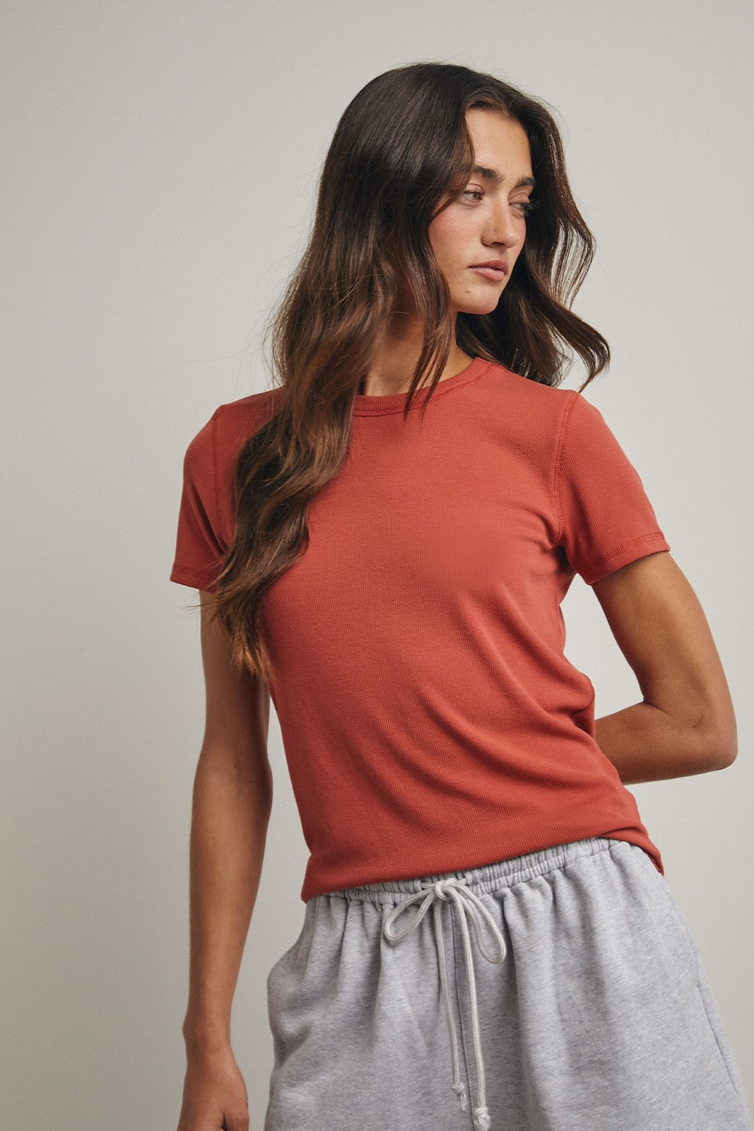 Rust Ribbed Short Sleeve Curved Hem Maternity Top