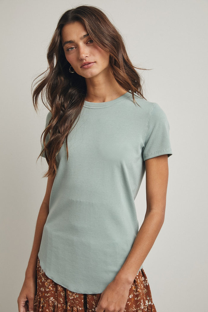 Dusty Mint Ribbed Short Sleeve Curved Hem Maternity Top