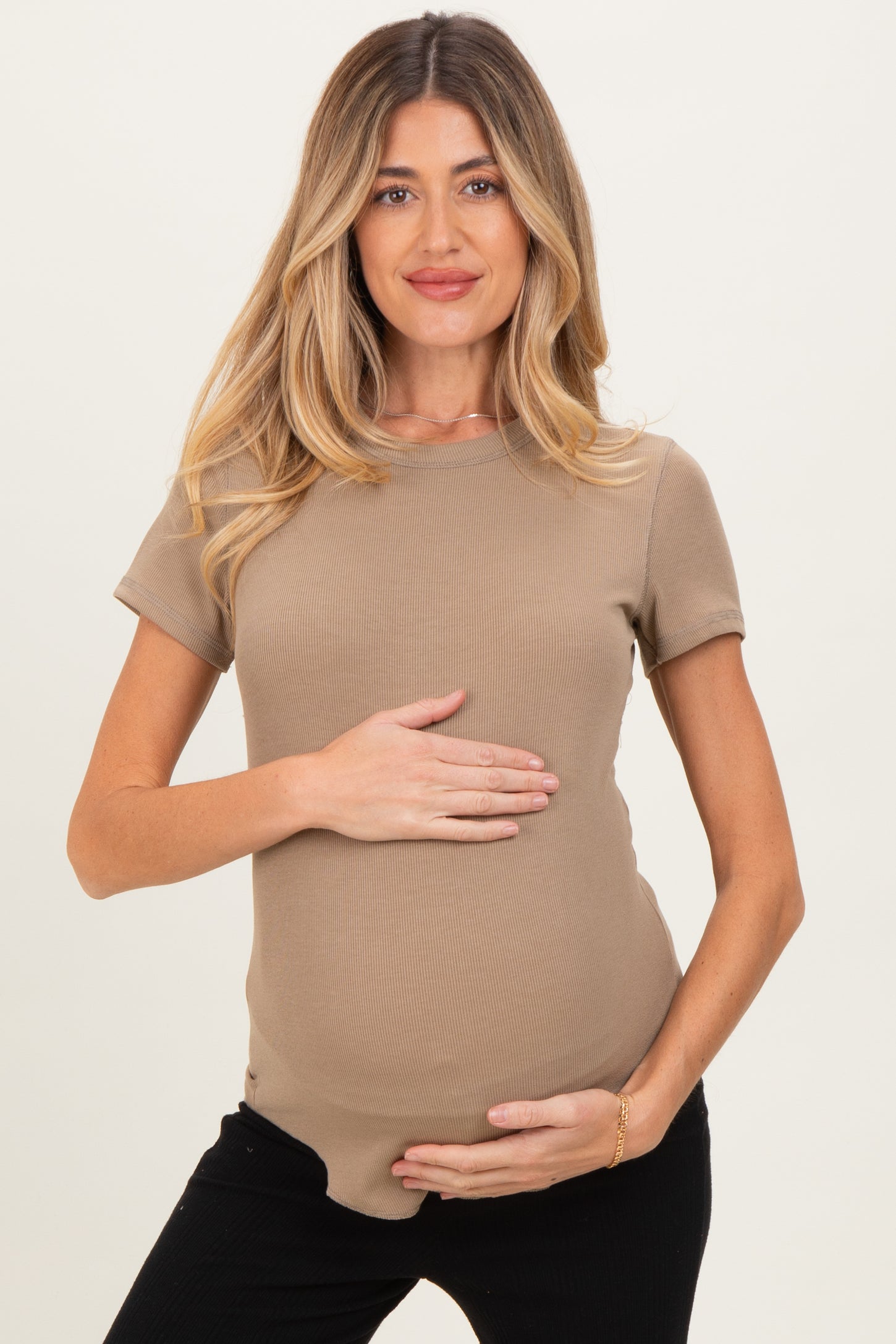 Mocha Ribbed Short Sleeve Curved Hem Maternity Top