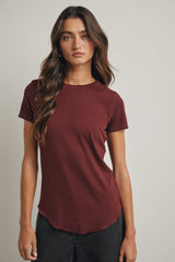 Burgundy Ribbed Short Sleeve Curved Hem Top
