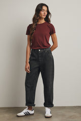 Burgundy Ribbed Short Sleeve Curved Hem Top