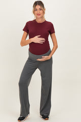 Burgundy Ribbed Short Sleeve Curved Hem Maternity Top