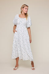Ivory Floral Puff Sleeve Tie Front Midi Dress