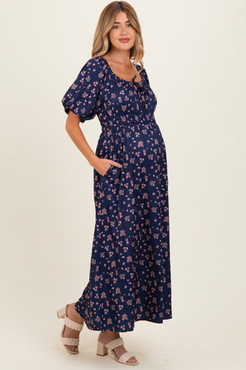 Navy Floral Puff Sleeve Tie Front Maternity Midi Dress