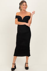 Black Glitter Ruched Off Shoulder Maternity Midi Dress