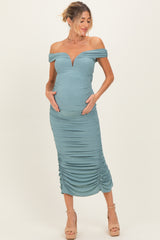 Light Olive Glitter Ruched Off Shoulder Maternity Midi Dress