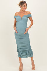 Light Olive Glitter Ruched Off Shoulder Maternity Midi Dress