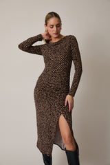 Brown Printed Ruched Side Slit Midi Dress