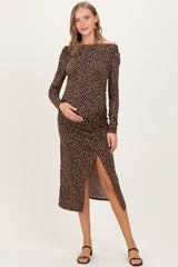 Brown Printed Ruched Side Slit Maternity Midi Dress