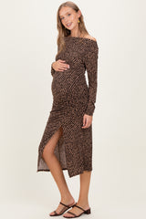 Brown Printed Ruched Side Slit Maternity Midi Dress