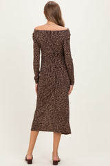 Brown Printed Ruched Side Slit Maternity Midi Dress