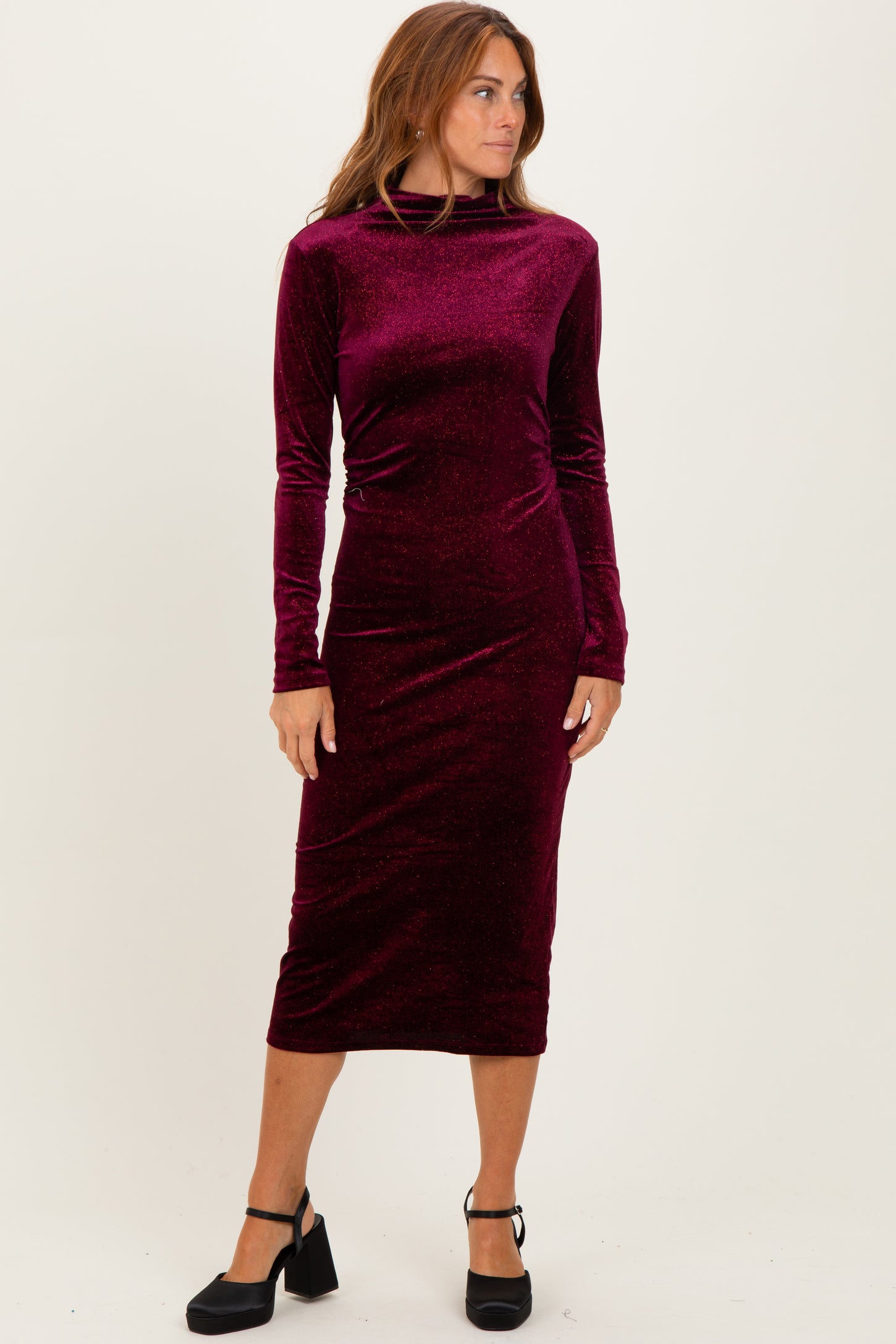 Burgundy Glitter Velvet Ruched Maternity Midi Dress