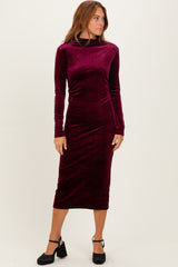 Burgundy Glitter Velvet Ruched Maternity Midi Dress