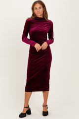 Burgundy Glitter Velvet Ruched Midi Dress