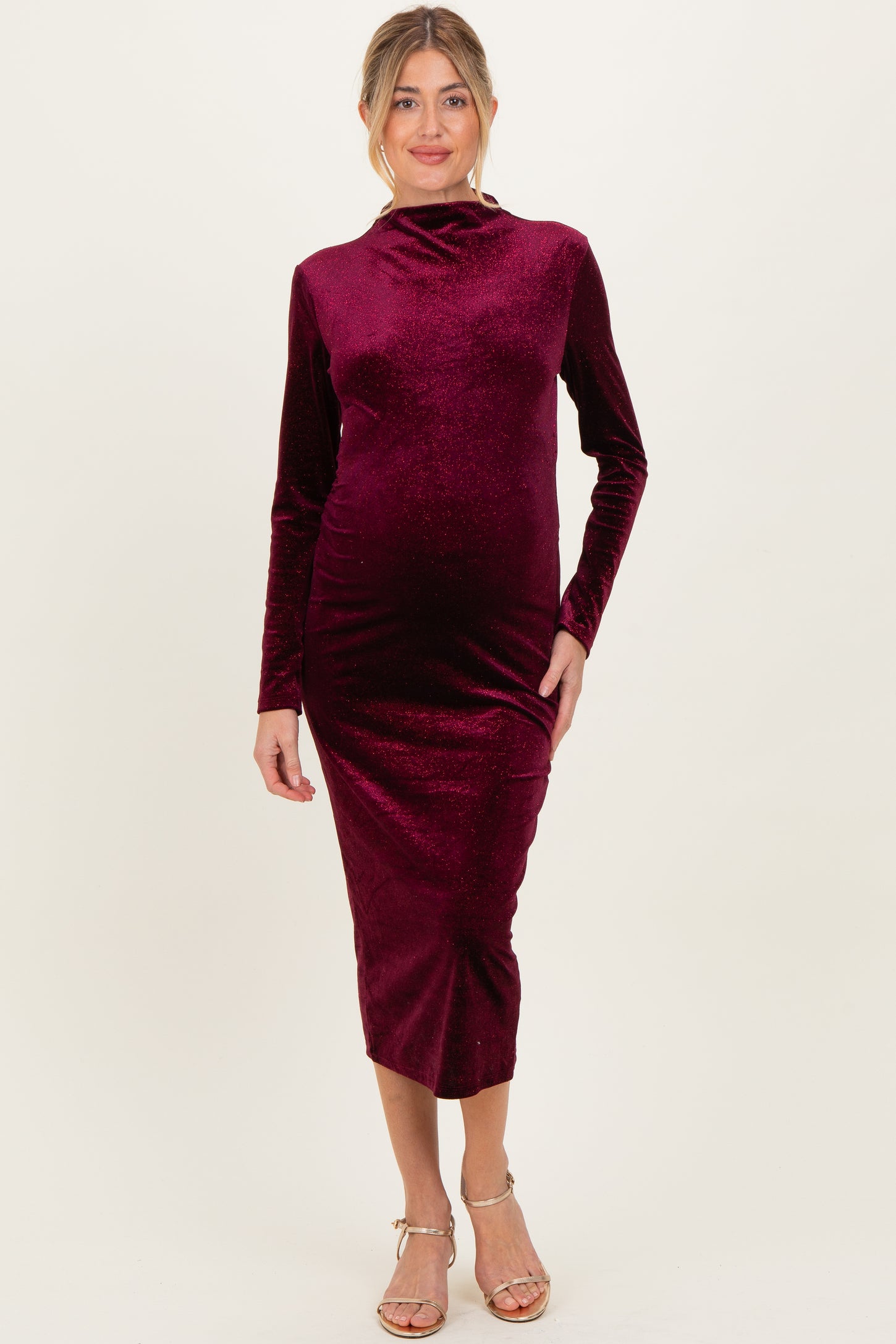 Burgundy Glitter Velvet Ruched Maternity Midi Dress