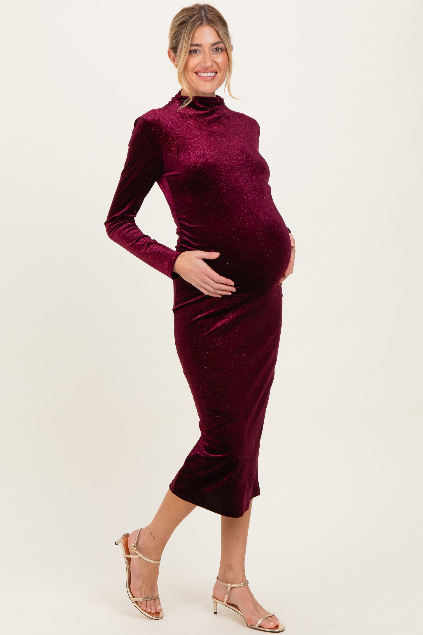 Burgundy Glitter Velvet Ruched Maternity Midi Dress