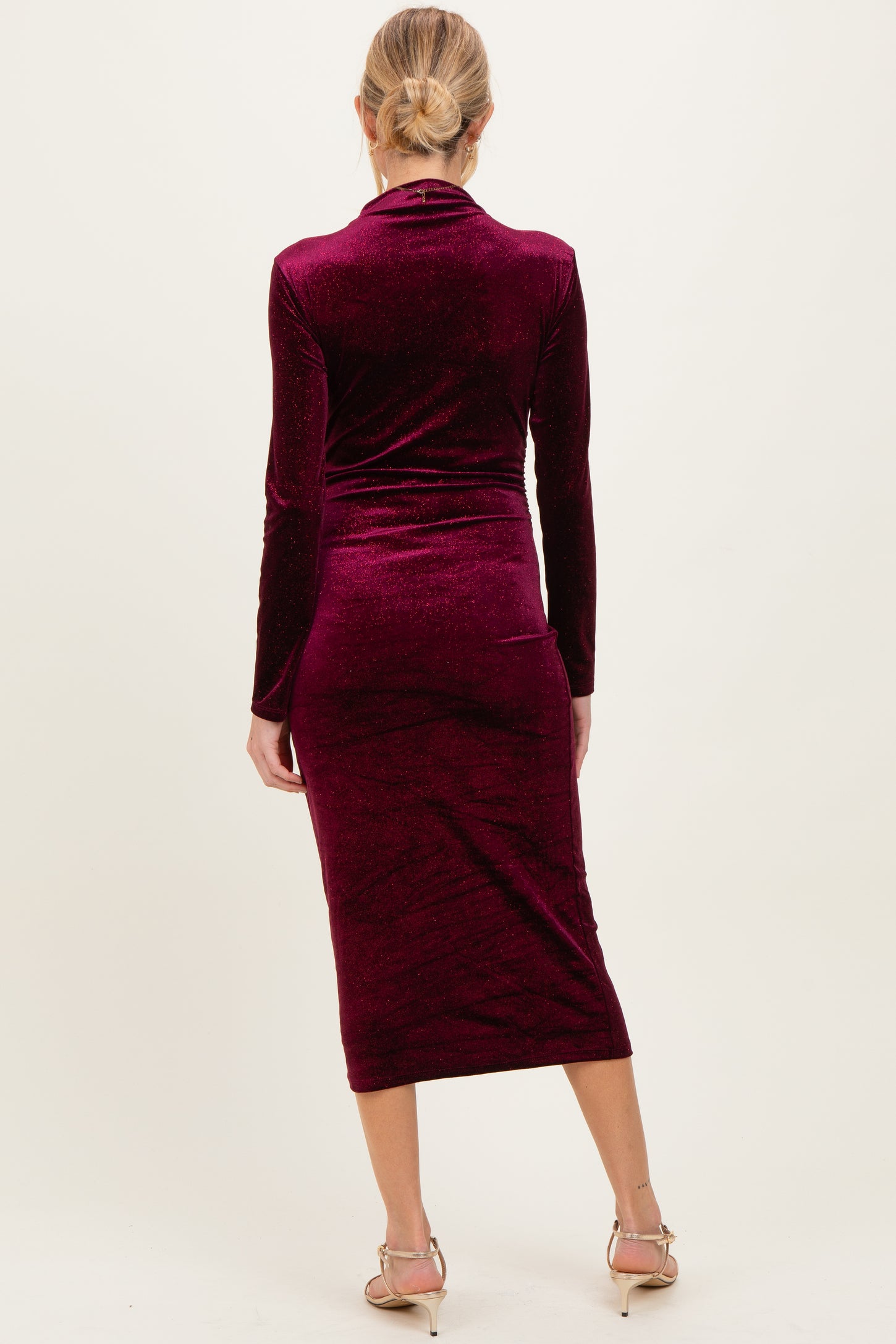 Burgundy Glitter Velvet Ruched Maternity Midi Dress