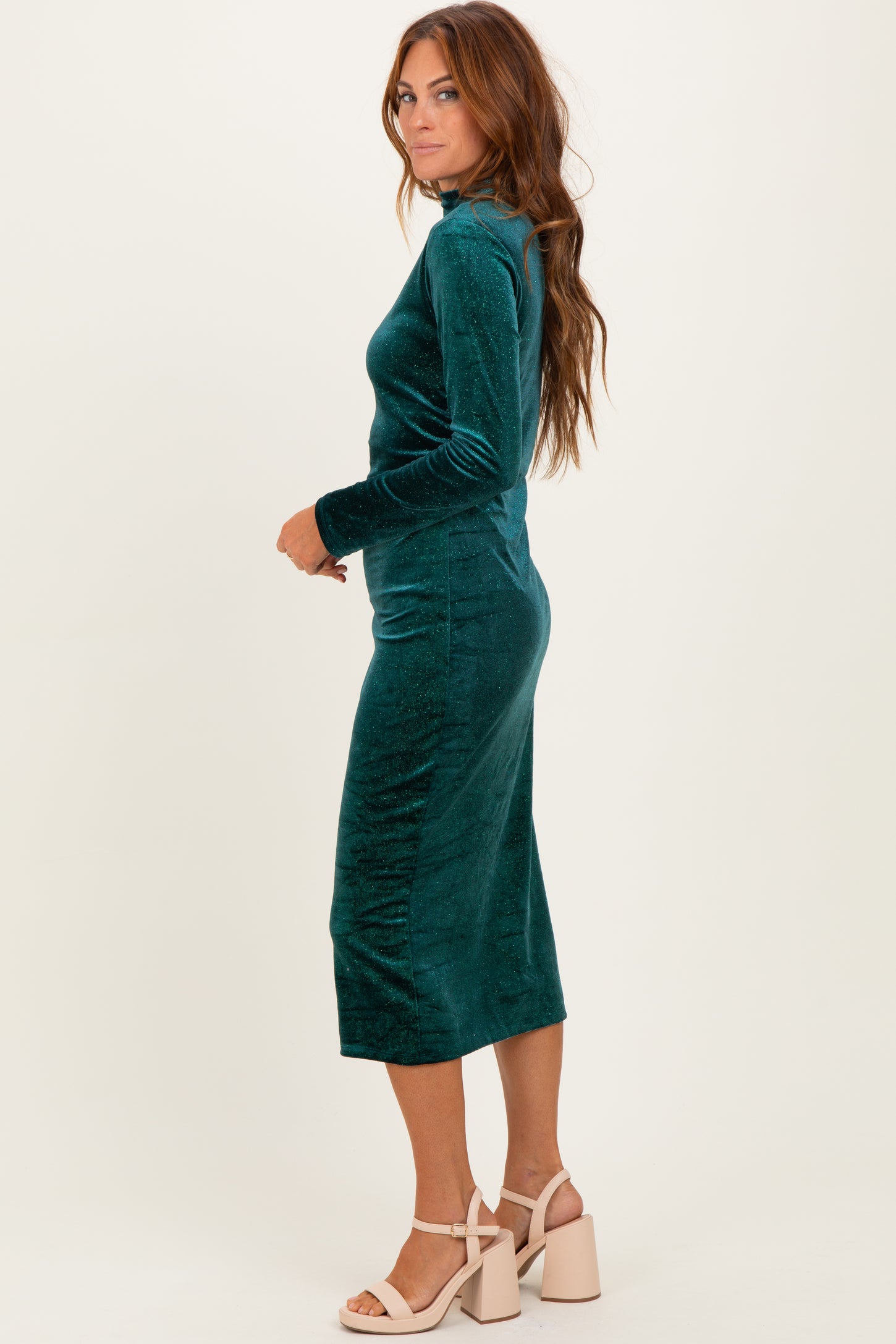Forest Green Glitter Velvet Ruched Midi Dress