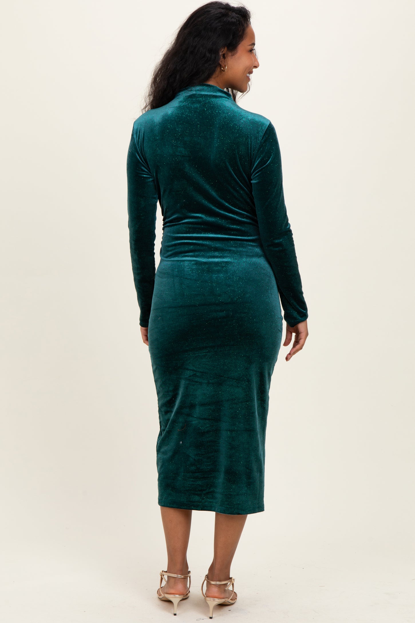 Forest Green Glitter Velvet Ruched Maternity Midi Dress