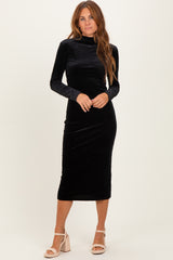 Black Glitter Velvet Ruched Midi Dress