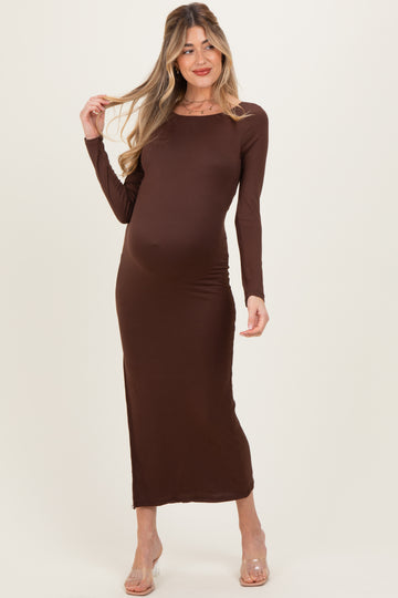 Brown Boat Neck Fitted Long Sleeve Side Slit Maternity Maxi