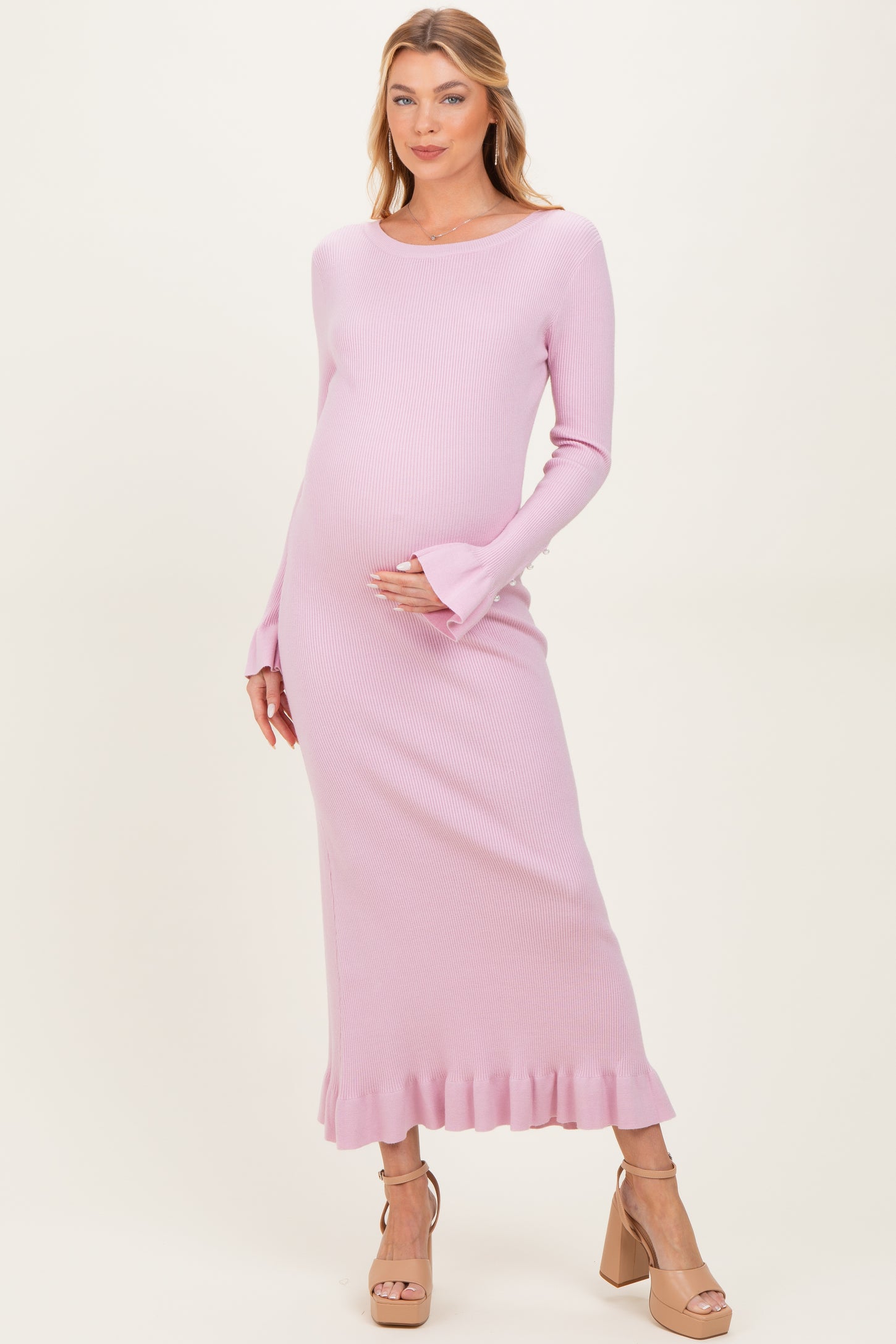 Light Pink Ribbed Knit Bow Back Maternity Maxi Dress