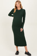 Forest Green Ribbed Knit Fitted Maternity Midi Sweater Dress