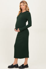 Forest Green Ribbed Knit Fitted Maternity Midi Sweater Dress