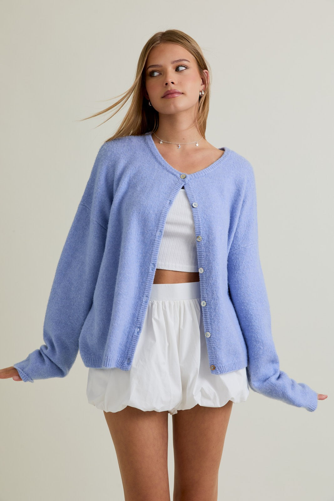Light Blue Classic Crew Neck Button Cardigan