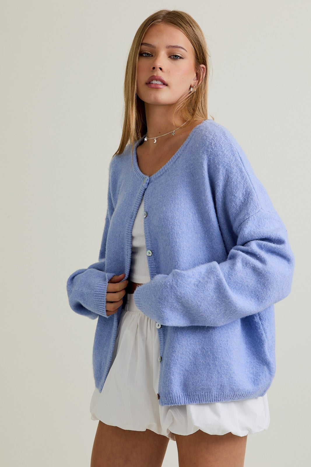 Light Blue Classic Crew Neck Maternity Button Cardigan