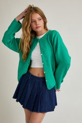 Green Classic Crew Neck Button Cardigan