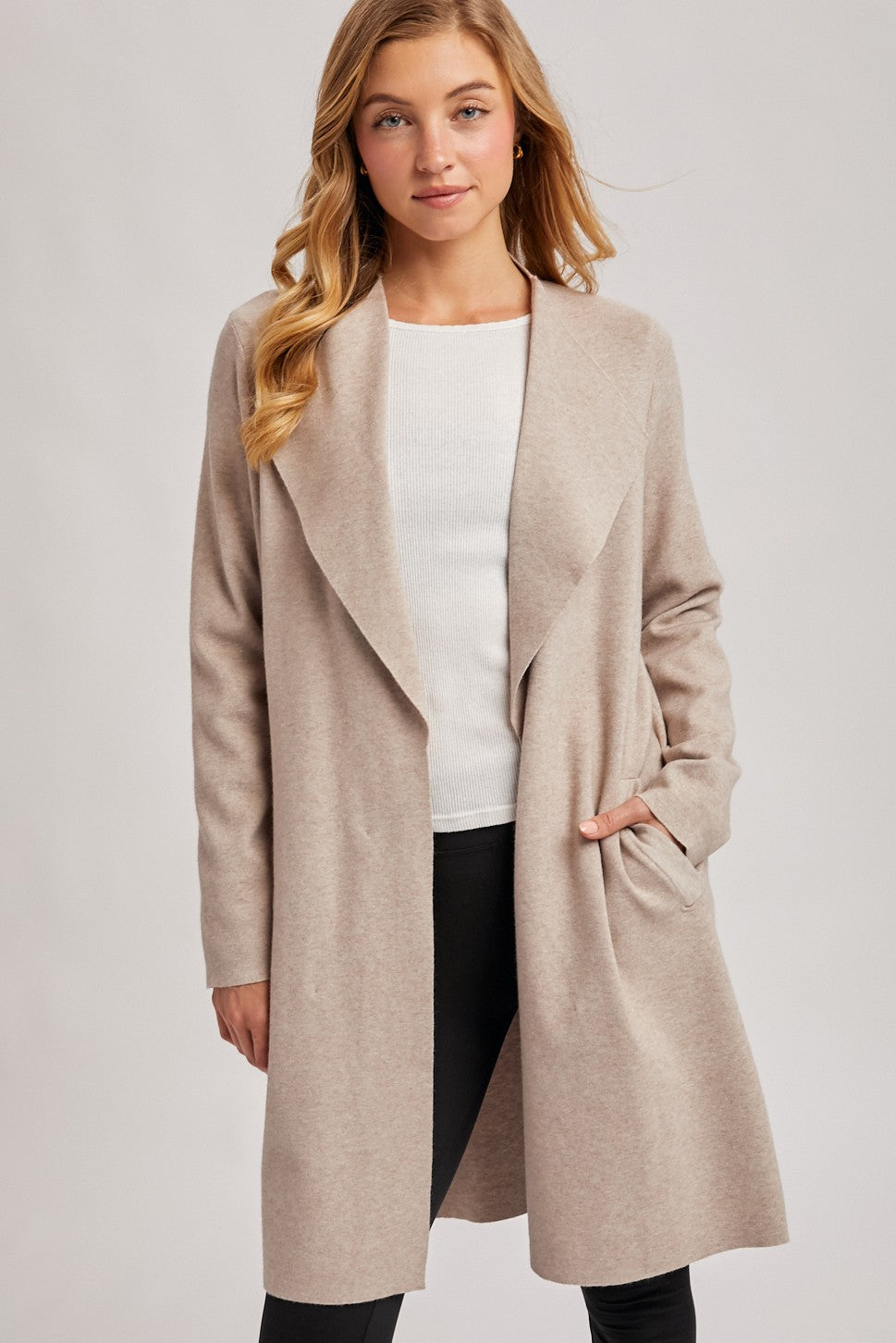 Oatmeal Knit Open Front Long Maternity Cardigan