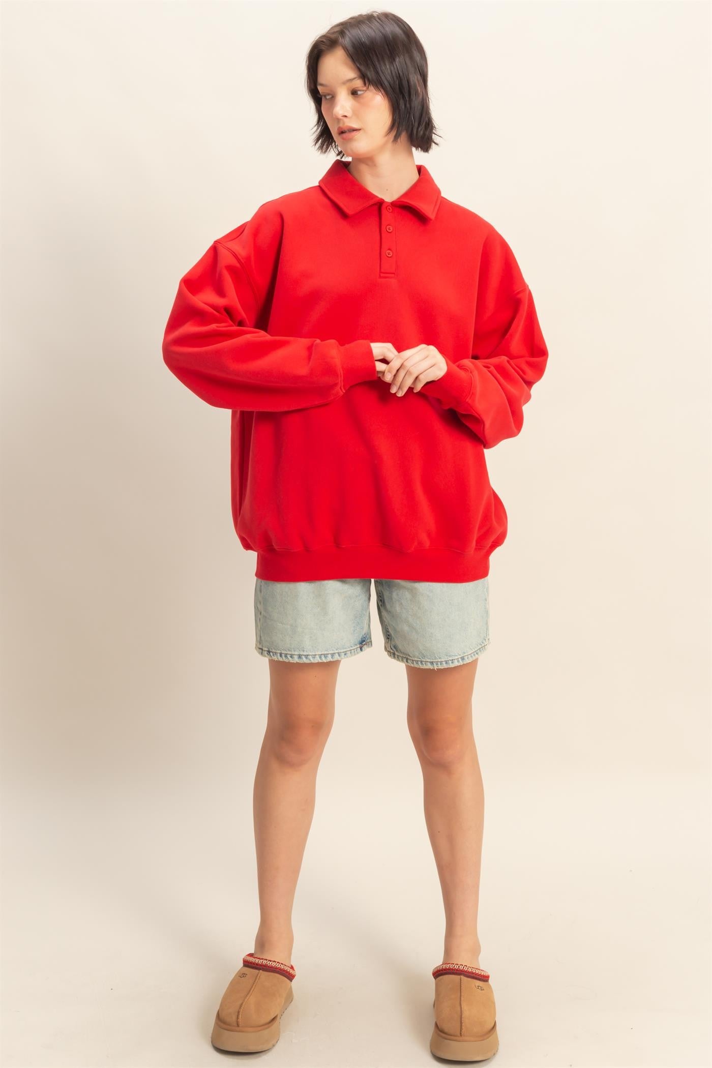 Red Oversized Polo Pullover