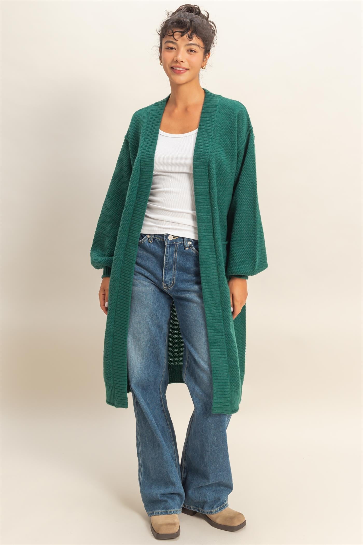Forest Green Oversized Waffle Knit Long Cardigan