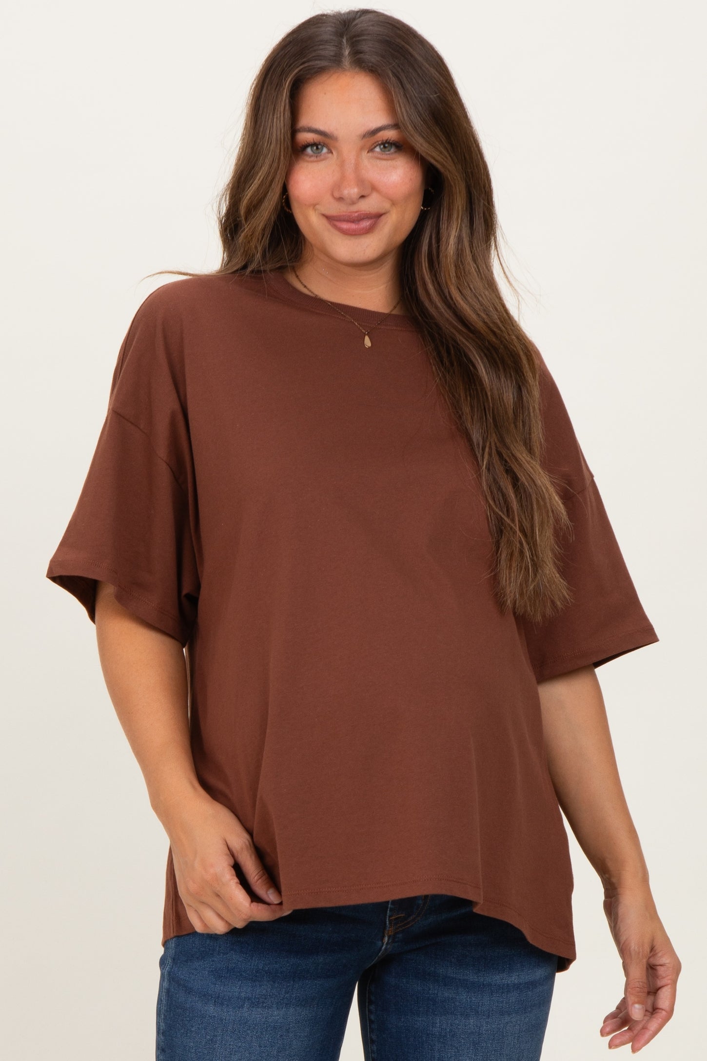Chestnut Crew Neck Short Sleeve Oversized Maternity T-Shirt