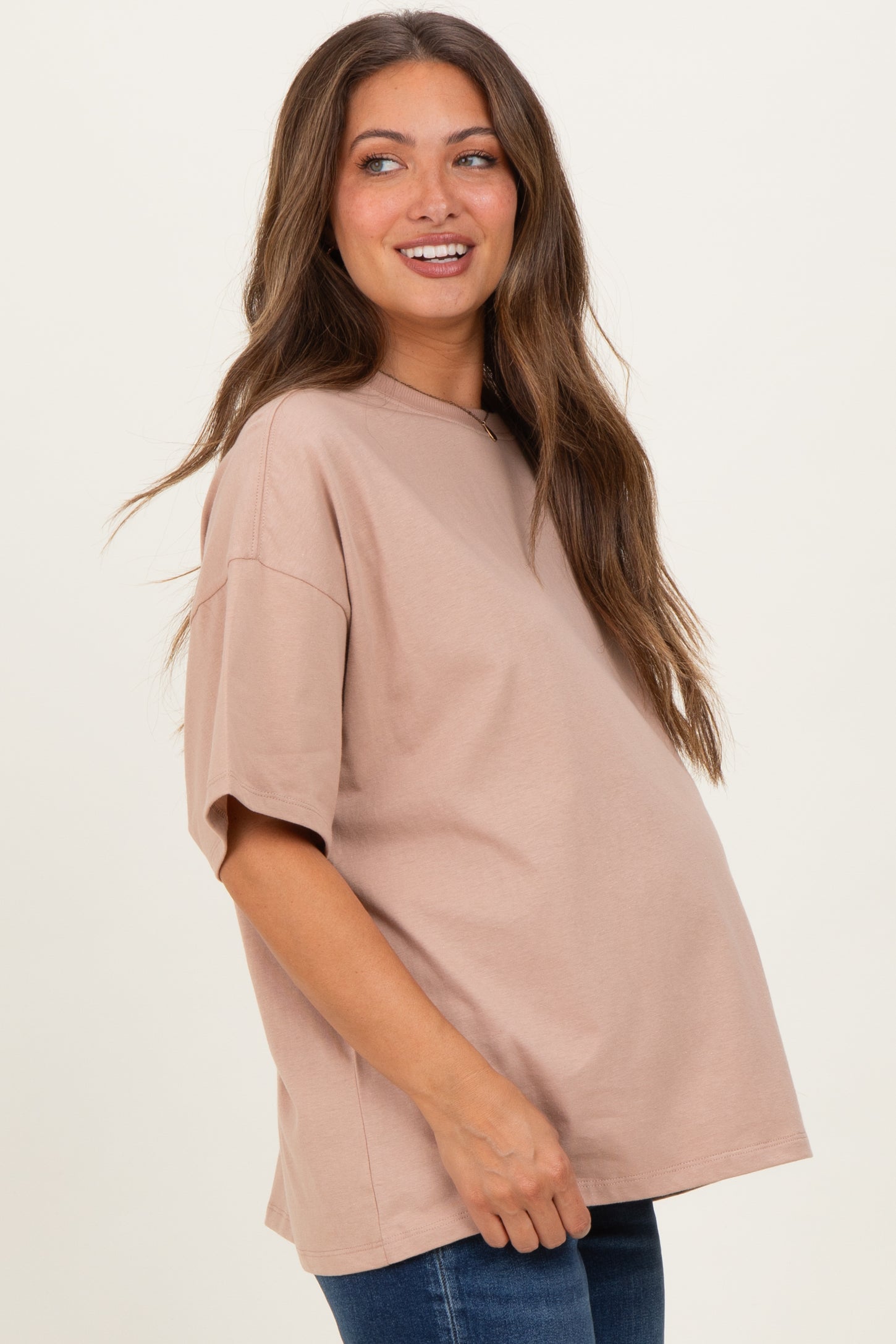 Camel Crew Neck Short Sleeve Oversized Maternity T-Shirt