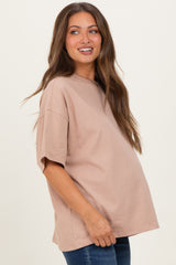 Camel Crew Neck Short Sleeve Oversized Maternity T-Shirt