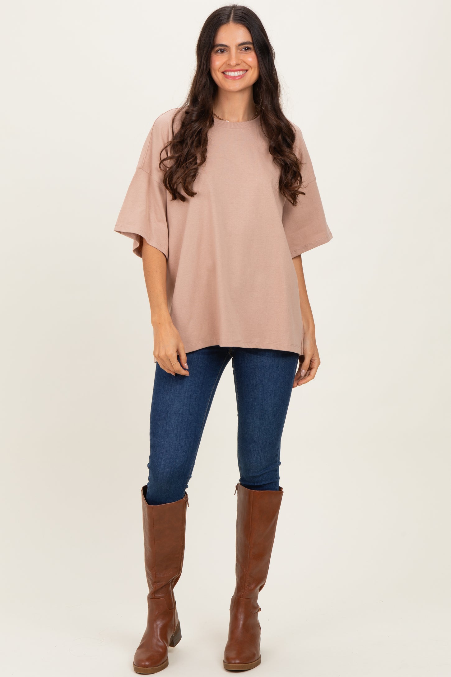 Camel Crew Neck Short Sleeve Oversized T-Shirt