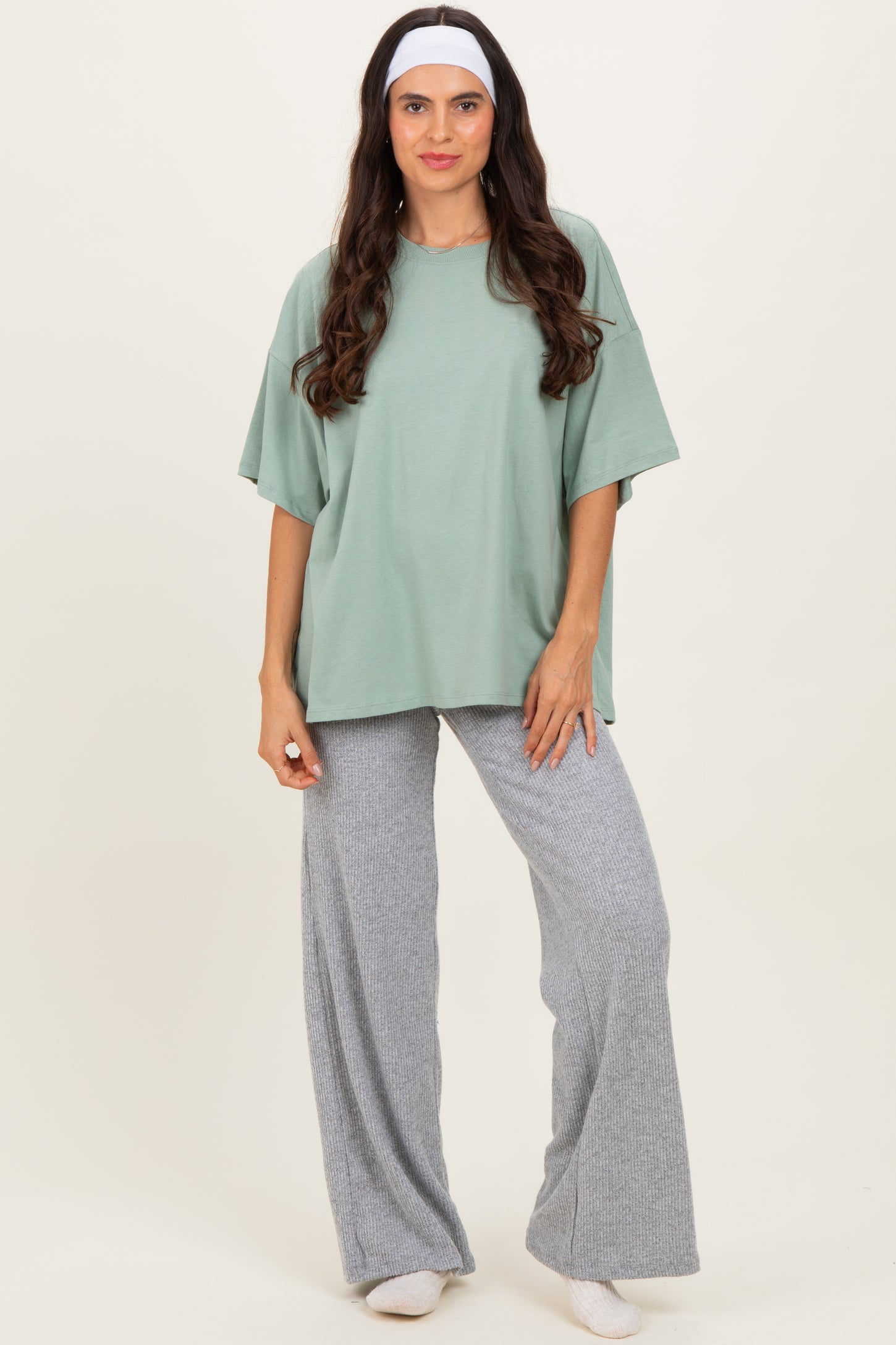 Light Sage Crew Neck Short Sleeve Oversized T-Shirt