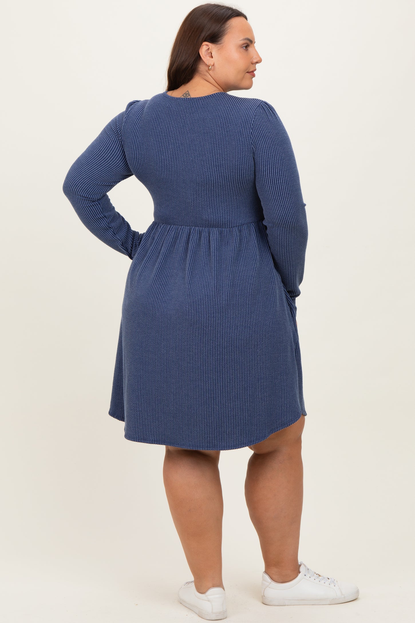 Navy Textured Rib Long Sleeve Plus Dress