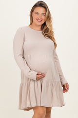Beige Textured Rib Tiered Long Sleeve Maternity Plus Dress
