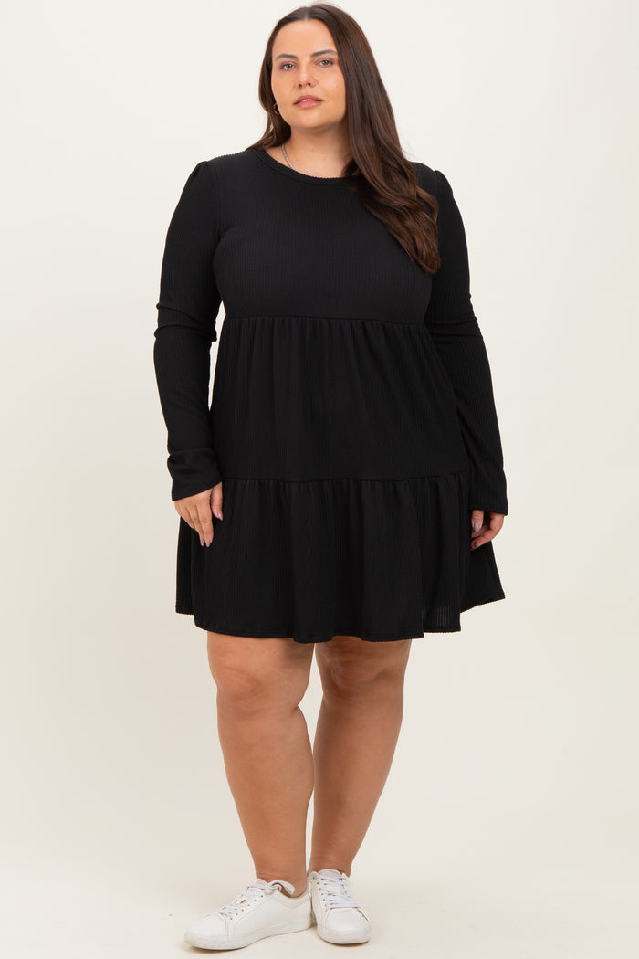 Black Textured Rib Tiered Long Sleeve Maternity Plus Dress